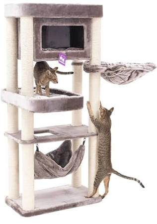 Petrebels Kratzbaum Mansion 150 cm hoch, mit Hängematte, Schlafhöhle und XL Sofa, Für mittelgroße Katzen, Farbe Cappuccino