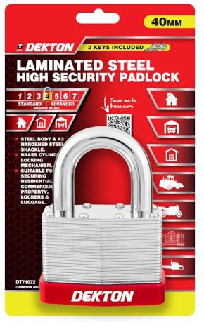 DEKTON 40mm Heavy Duty High Security Padlock, Laminated Steel Lock with Hardened Steel Shackle, 2 Keys for Sheds, Garages, Gates, Lockers & Commercial Property