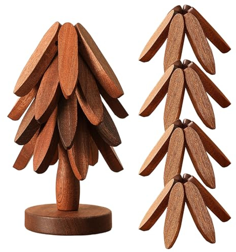 Walnut Wood Tree Trivet Set, Natural Wood Trivet for Hot Dishes, Trivets for Hot Pots and Pans, Tree Shape Foldable Kitchen Heat Resistant Pads Non-Slip Pot Holder Coasters Placemat (Walnut B)