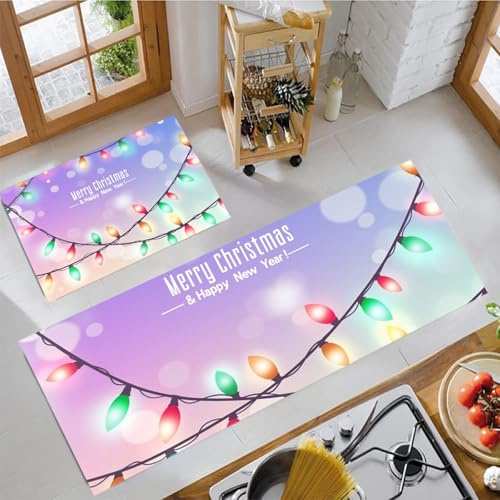 MLSOWM Teppich Läufer für Küche 40x60cm+40x120cm Küchenteppich Weihnachtslichterkranz Teppichläufer Waschbar rutschfest Weihnachtsbeleuchtung Küchenläufer für Flur, Eingangsbereich, Esszimmer, Lila