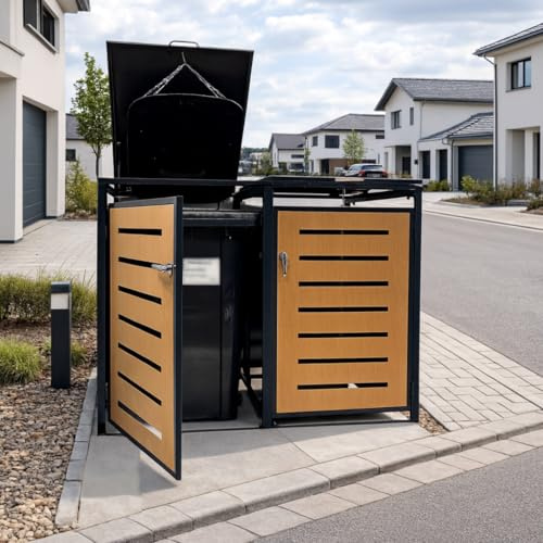 abc HOME Mülltonnenbox 2er für 2X 240L Tonnen – Verzinkter & pulverbeschichteter Stahl, Abschließbar – Premium Mülltonnenverkleidung mit Gasdruckdämpfer & Holzoptik Anthrazit (Anthrazit & Holzoptik)