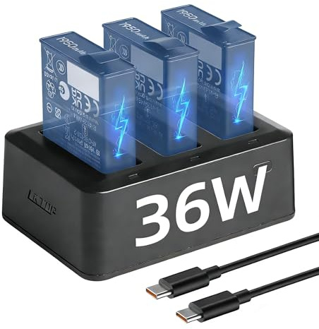 LKTOP 36W Osmo Action 6/5 Pro/4/3/360 Parallel Charging Hub for DJI Osmo Action/360 Series Camera Accessories, Fast Charger with Battery Level Indicator (Charge 3 Batteries Simultaneously: 1hr 10min)