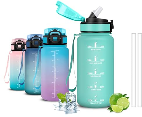Mujigaga Gourde Enfant, Gourde 500ml, Anti Fuite, Gourdes avec Paille, Facile à Transporter, Gourdes Graduée, Verrou de Sécurité, avec Marqueur de Temps, pour École, Sports, Nager