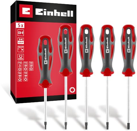 Einhell 5-tlg. Schraubendreher-Set, T | Profilgrößen T10 / T15 / T20 / T25 / T30 | verchromte CrV-Klingen | magnetische Spitze | ergonomische Lochgriffe
