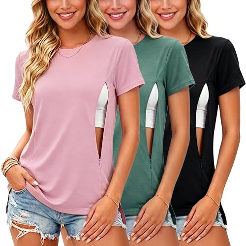 Ecavus 3er Pack Damen Stillshirt mit Verstecktem Reißverschluss Stilltee | Weiches Stretchmaterial, Rundhals, seitliche Schlitze, bequemes Stillen, für Alltag & Zuhause