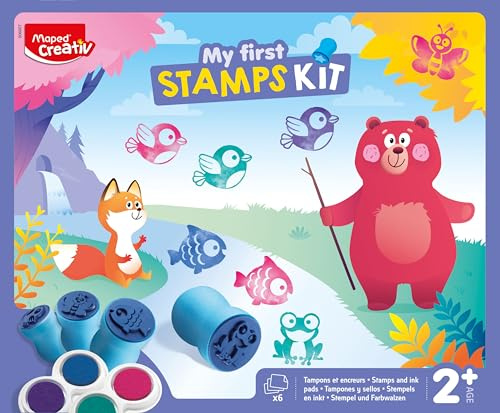 Maped Creativ My First Stamps Kit - Mi Primer Set de Sellos para Niños +2 Años, Juego de Estampación con Tarjetas Ilustradas y Tinta Lavable, Actividad Creativa de Coordinación y Motricidad