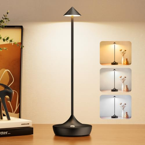 Bonsery 6000mAh LED Tischlampe Kabellos Aluminium, IP54 Wasserdicht Akku Tischleuchte mit Stufenlos Dimmbar & 3 Farbtemperatur, Nachttischlampe Touch für Nachttisch Outdoor Restaurant, Schwarz