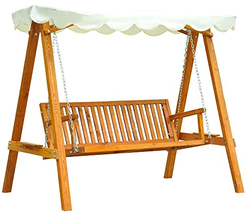 Outsunny Hollywoodschaukel Gartenschaukel Schaukelbank Schaukel 3-Sitzer Lärche Natur+Creme