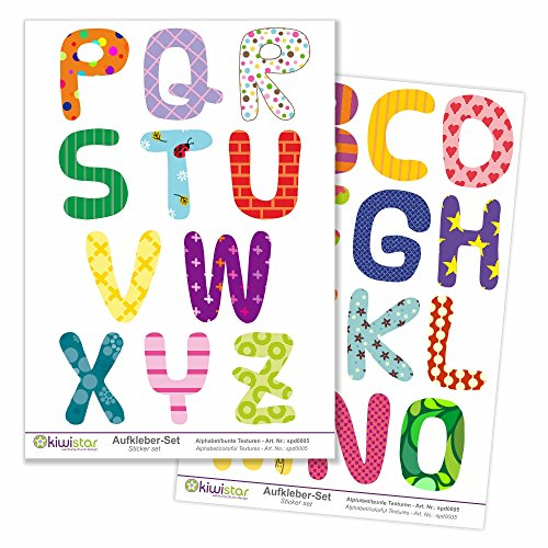 Kiwistar Alphabet mit bunten Texturen, 26 Buchstaben, Gesamtfläche 30 x 20 cm / 2 Bögen, Wandsticker Set Bogen Aufkleber farbig DIN A4 …