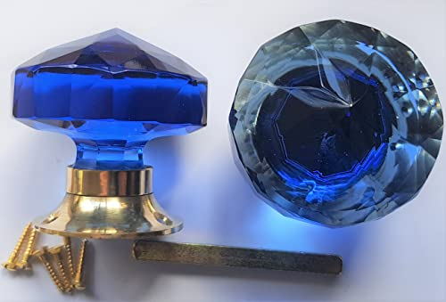 Large multifaceted Duck Egg Blue Cut Glass mortice Door knobs Vintage Style