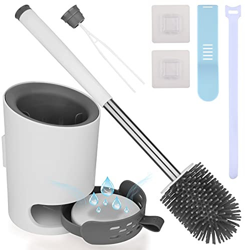 Brosse WC Brosse de Toilette en Silicone Antibactérienne Balayette WC Balai Brosse Ensemble avec Support Suspendu Pincette Cachée Boue de Diatomées Crochet Adhésif Manche de Abattant WC pour Maison