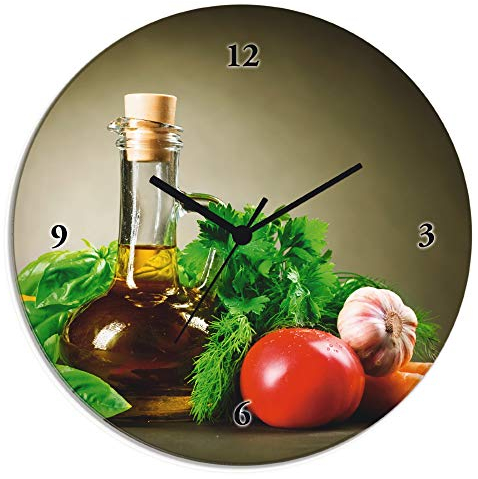 ARTLAND Wanddeko Wanduhr ohne Tickgeräusche Glas Funkuhr Ø 30 cm Rund Lautlos Italien Essen Gemüse Gewürze Kräuter Koch Food T5LT