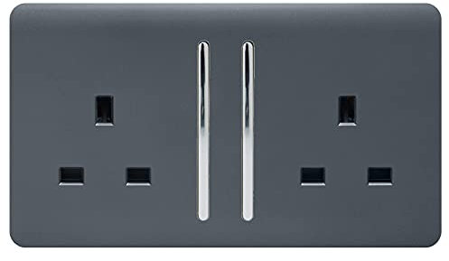 Trendi 2 Gang Raised Artistic Modern Glossy Screwless 13 Amp Single Pole with Chrome Switched UK Standard Electrical Double Wall Plug Socket in Warm Grey - ART-SKT213LWG