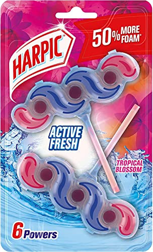 Harpic Active Fresh Toilet Rim Block Twin Pack, Tropical Blossom, Pack of 1, Anti-Limescale, Dirt Remover, Lasts up to 10 weeks and up to 500 flushes, Toilet Cleaner, Toilet Freshener