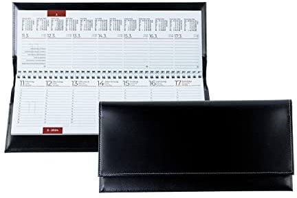 DELMON VARONE - Tischquerkalender 2025 + 2026 Cambridge Top Grain Leder Schwarz - Tischkalender Quer 1 Woche auf 2 Seiten - Wochenplaner Kalender für Büro, Schreibtisch Wochenkalender Organizer
