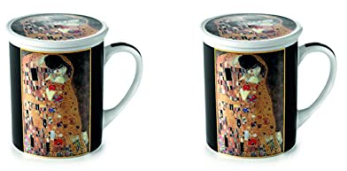 Teemando 2 X Kräuterteetasse Klimt Kuss Porzellan, 3-teilig mit Edelstahlsieb, 0,25 l