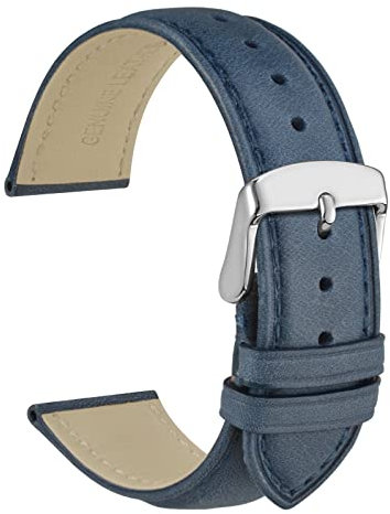 WOCCI 22mm Vintage Leder Uhrenarmband mit Edelstahl Silber Schließe (Blau)