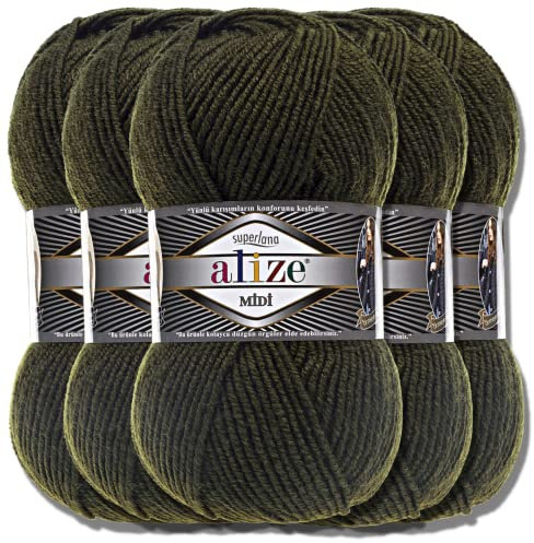 Alize 5 x 100g Superlana Midi Türkische Premium Wolle Baumwolle und Acryl Uni Handstrickgarne | Yarn | Garn | Strickgarn Einfarbig Baby zum Häkeln Stricken Kleidung Schals (Black Forest | 241)