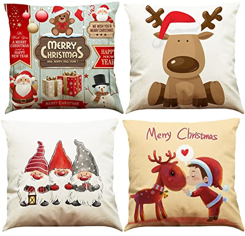 BINXWA 4 Stück Weihnachtskissen, Baumwolle Leinen Zwerge Elk Kissenbezug Weihnachten Weihnachtsmann weihnachtsdeko Kissenbezug 45x45cm
