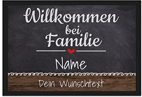 PR Print Royal Personalisierte Fußmatte mit Namen & Wunschtext - Willkommen bei Familie - Geschenke zum Einzug | rutschfest, 75x50cm mit Gummirand