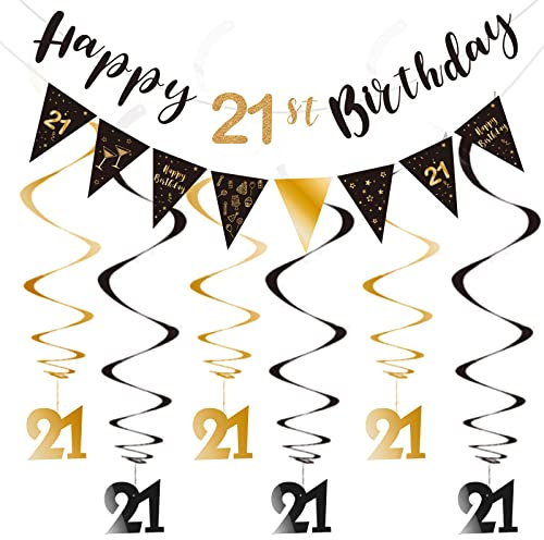21st Birthday Decoration Kit for Men - Happy 21st Banner, Bunting, Streamers & Triangle Flag - Black & Gold