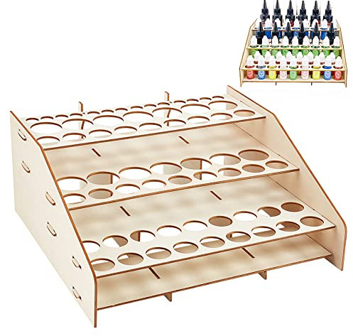 nbeads Organisateur de Peinture en Bois à 3 Couche et Porte-Pinceau, Station Support Bureau Multicouche en Stratifié de Grain de Bois, Contient 50 Bouteilles de Peinture et 14 pinceaux