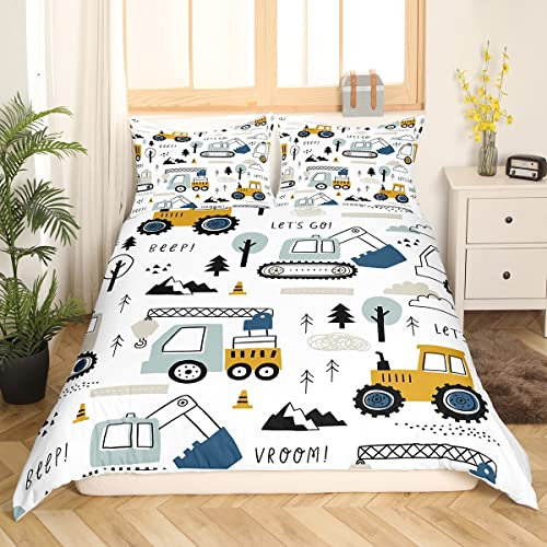 Auto Kinder Bettwäsche 155x220 Bau Bettwäsche Set Karikatur Bagger Kran Zugmaschine Dekor Bettwäsche Jugendliche LKW Traktor Bettbezug Weiß Gelb Bettdecke Set Mädchen Jugend Schlafzimmer Dekor