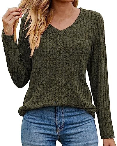 AMhomely Ladies Tops Sale Clearance Womens Casual Fall Sweater Long Sleeve Sweatshirts Tops Ribbed Knit Jumpers Loose V-Neck Baggy Slouchy Pullover Sweaters Basic Underwear, XL, 01* Army Green