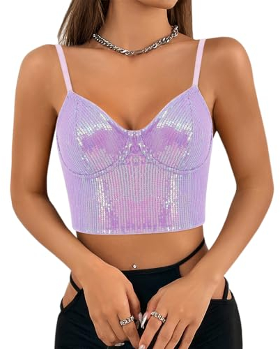 Segreto Damen Glitzer Pailletten Tanktop Ärmellos Spaghettiträger Sexy Crop Top Trägertop Festival Party Club Lila Camisole