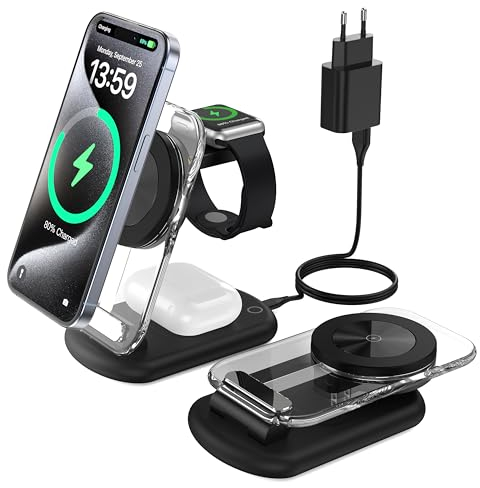 Stazione di ricarica Mag Safe, stazione di ricarica induttiva pieghevole 3 in 1 Apple Watch e iPhone 15 14 13, stazione di ricarica da viaggio, caricabatterie wireless, IWatch Ultra 2/1,Airpods