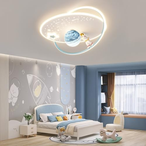 RuiRfh Kinderzimmer Deckenbeleuchtung LED Glas Lampenschirm Deckenlampe 48W mit Fernbedienung Modernes Design Mond Astronaut Deckenleuchte Dekoration Junge Mädchen Zimmer Schlafzimmer Ring Kronleuchte