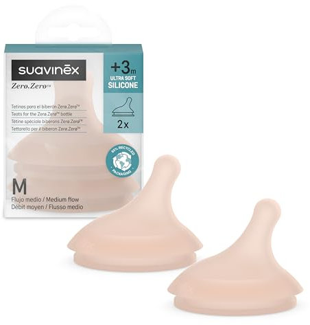 Suavinex, 2 Pack Babyflaschensauger für Zero Zero Anti-Colic Babyflasche, Ersatz Sauger Medium Flow Saugern (M), für Flüssigkeiten mittlerer Dichte, Milch, Saft oder Flüssignahrung, Babys +3M, Medium