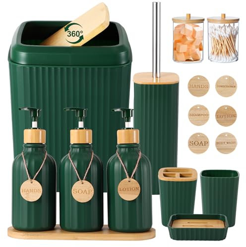 XLHOMO 17PCS Green Bathroom Set with 3PCS Lotion Soap Dispenser, Toothbrush Holder, Trash Can, Vanity Tray, Q-tip Holder, Wood Tags - Rustic, Farmhouse Style