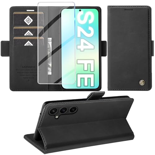 Giyer Handyhülle für Samsung Galaxy S24 FE Hülle mit Schutzfolie, Schutzhülle Galaxy S24 FE 5G PU Leder Wallet Flip Case Standfunktion Kartenfach Klapphülle für Samsung S24 FE Cover Tasche (Schwarz)