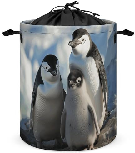 Wäschekorb mit Kordelzug, Pinguin-Familien-Druck, platzsparender Wäschesack, ideal für Wohnungen, Camping und Zuhause