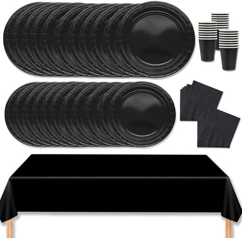 MORAINJAY 69Pcs Party Tableware Set,Black Dinnerware Set with Plates,Tablecloth,Napkins,Cups,Solid Color Table Decorations for Birthday,Wedding,Picnic,Baby Shower,Party Supplies for 16 Guests
