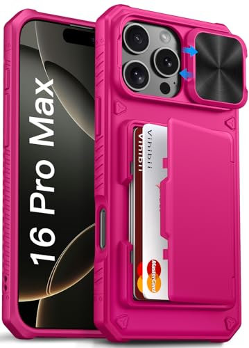 Vihibii for iPhone 16 Pro Max Case Wallet with Card Holder (4 Cards) [RFID Blocking] & Slide Camera Cover & Raised Edges Protect Screen, Shockproof Rugged Case for iPhone 16 Pro Max 6.9 2024, Pink