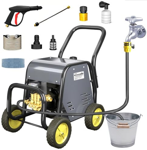 High Pressure Power Washer with Wheels - Electric Pressure Washer for Cars, Fences, Patios - 120KG, 16M Water Pipe, Water Gun, Extension Pole, Precision Pressure Gauge