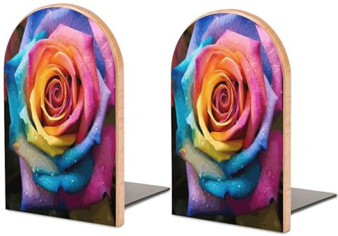 Serre-livres robustes en bois avec imprimé rose arc-en-ciel - Serre-livres décoratifs antidérapants pour étagères (1 paire)