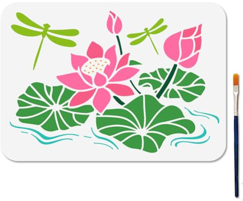MAYJOYDIY Lotus Schablone Seerosen Vorlage 29.7 × 21cm Teichpflanzen Wiederverwendbare Kunststoff Schablone Zum Malen Mit Pinsel Libellen Dekorationsvorlage Für Holz Wand Fenster Heimwerkerarbeiten