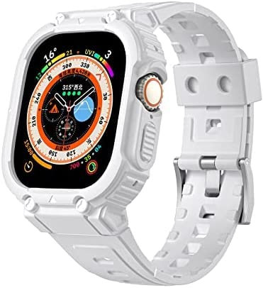 Compatible with Apple Watch Ultra/Ultra 2 49mm Band with Bumper Case,TPU Rugged Military Shockproof Sports Strap for iWatch Ultra 2/Ultra 49mm for Women and Men - White
