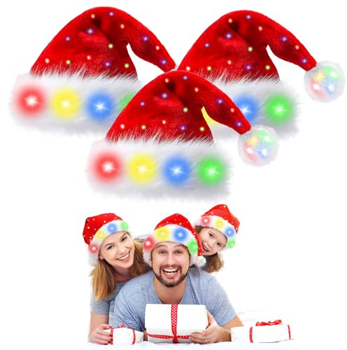 OWOAOOwl Weihnachtsmütze, Farbe LED Lichter, Nikolausmütze mit leuchtendem, Erwachsene Weihnachtsmütze Rot, Plüsch für Neujahr Festliche Weihnachtsfeier