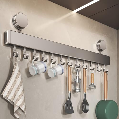 LNGFSH Porta Utensili Cucina Ventosa Senza Forare, Alluminio Barra Portautensili da Cucina Ganci Mobili, Appendi Mestoli da Cucina Adesivo Grigio (con 12 Ganci)