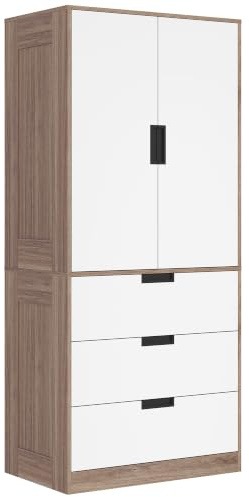 HOMCOM Armoire Chambre Penderie Dressing 80x50x180cm Marron et Blanc | 2 Portes à Fermeture Douce, 3 Tiroirs, Barre de Suspension, Armoire à Vêtements, Style Moderne, pour Chambre à Coucher