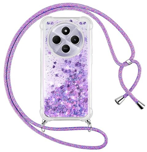 Vauki Funda para Xiaomi Redmi 14C con Cuerda, Transparente Silicona Glitter Liquida Colgar Colgante Cristal Suave Carcasa, Brillante Arena Movediza con Cordón Case para Redmi 14C, Púrpura