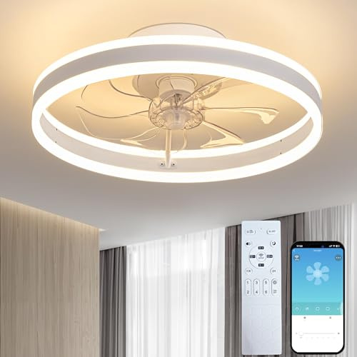 50CM Ceiling Fans with Lights and Remote, 45W 5500LM Modern Low Profile LED Ceiling Fan App Control, 6 Speeds Reversible , 3000K-6500K Dimmable, Smart Quiet Fan Light for Bedroom Living Room White
