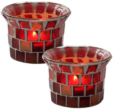Pasdrucn 2Pcs Mosaïque Photophore Bougie Décoration De Maison, 6x6x4.5cm Bougeoir en Verre Coloré Bougeoir Verre Pied, Photophore Bougeoir en Verre Coloré (Rouge)