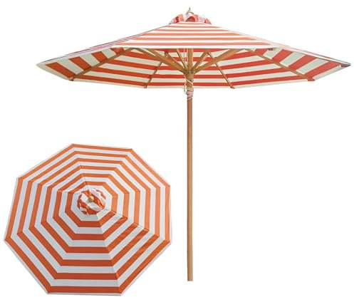210/270 cm großer Terrassenschirm für Markttische im Freien mit 8 stabilen Streben – wasserdicht, wetterfest und UV-beständig – gestreifter Gartenschirm für Pool, Balkon, Strand (Orange + Weiß, 9 Fu