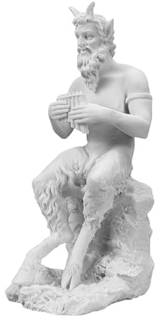 Pan Greek God Satyr Figurine Playing Flute – Handmade Greek Mythology Statue – Cast Marble Sculpture