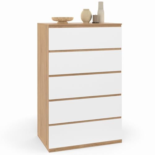 IDMarket - Chiffonnier 5 Schubladen TOMI 60 cm Wochenkommode aus Holz in Buche und Weiß